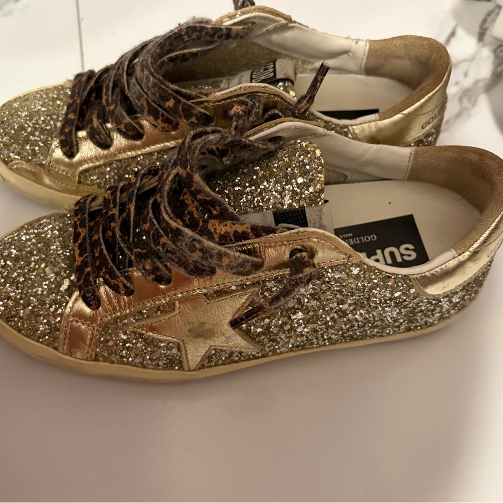 Golden Goose Gold Glitter Sneakers with Leopard Laces NWOT - Picture 2 of 3